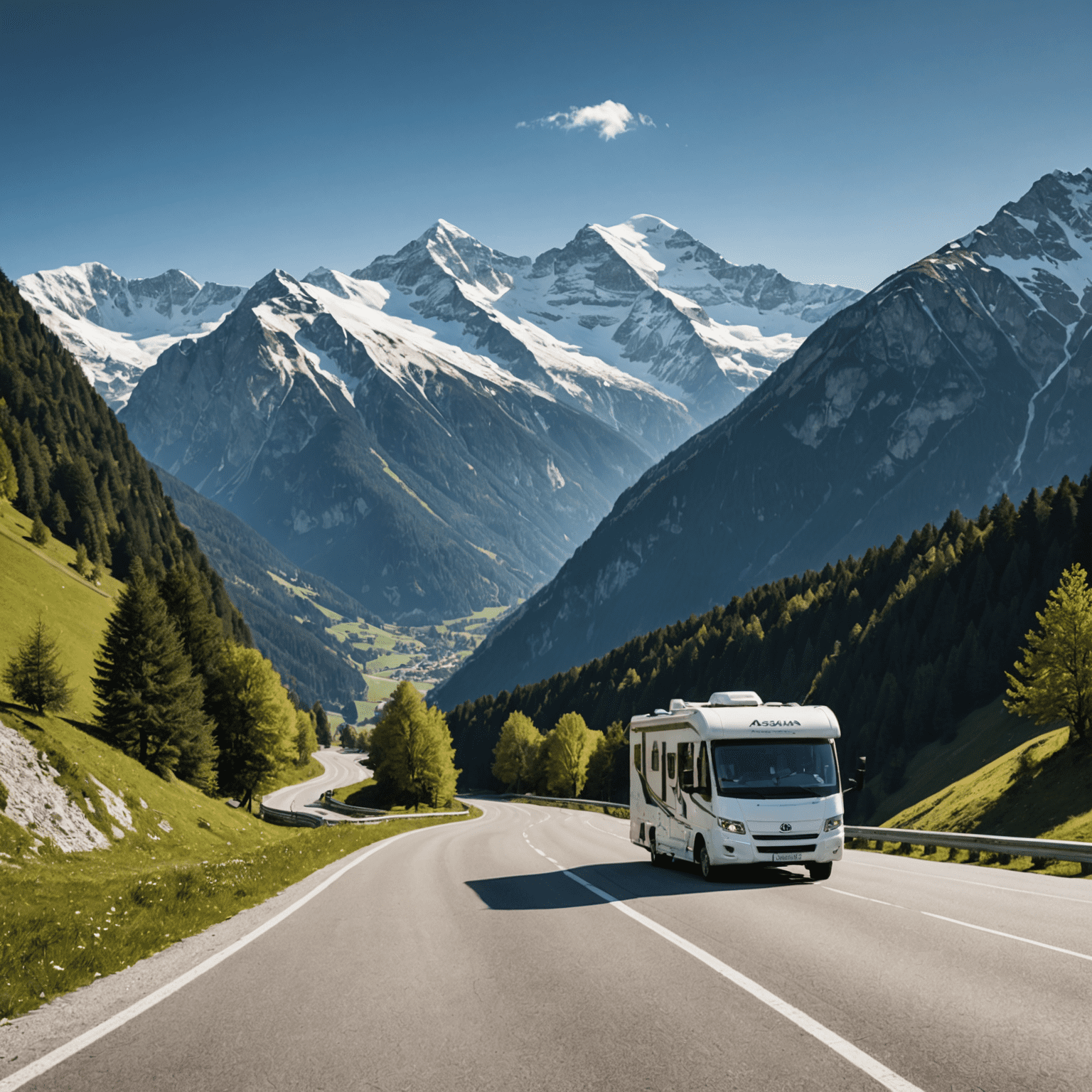 Ein Wohnmobil fährt auf einer malerischen Straße durch die österreichischen Alpen. Im Hintergrund sind schneebedeckte Berggipfel zu sehen. Am Straßenrand ist ein Schild mit dem ASFINAG-Logo erkennbar.