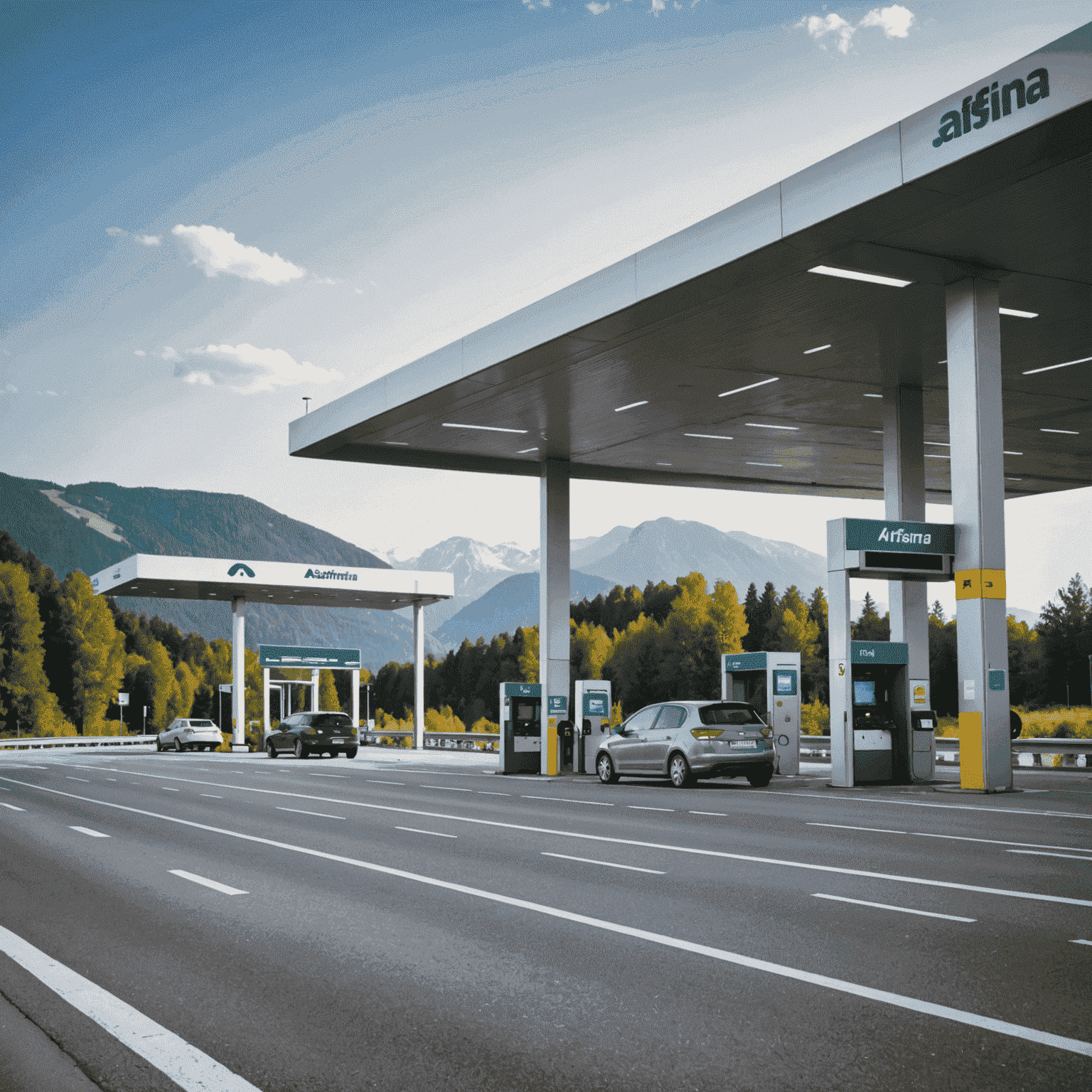 Eine moderne Mautstation an einer österreichischen Autobahn mit dem Asfinag-Logo und elektronischen Mauterfassungssystemen.