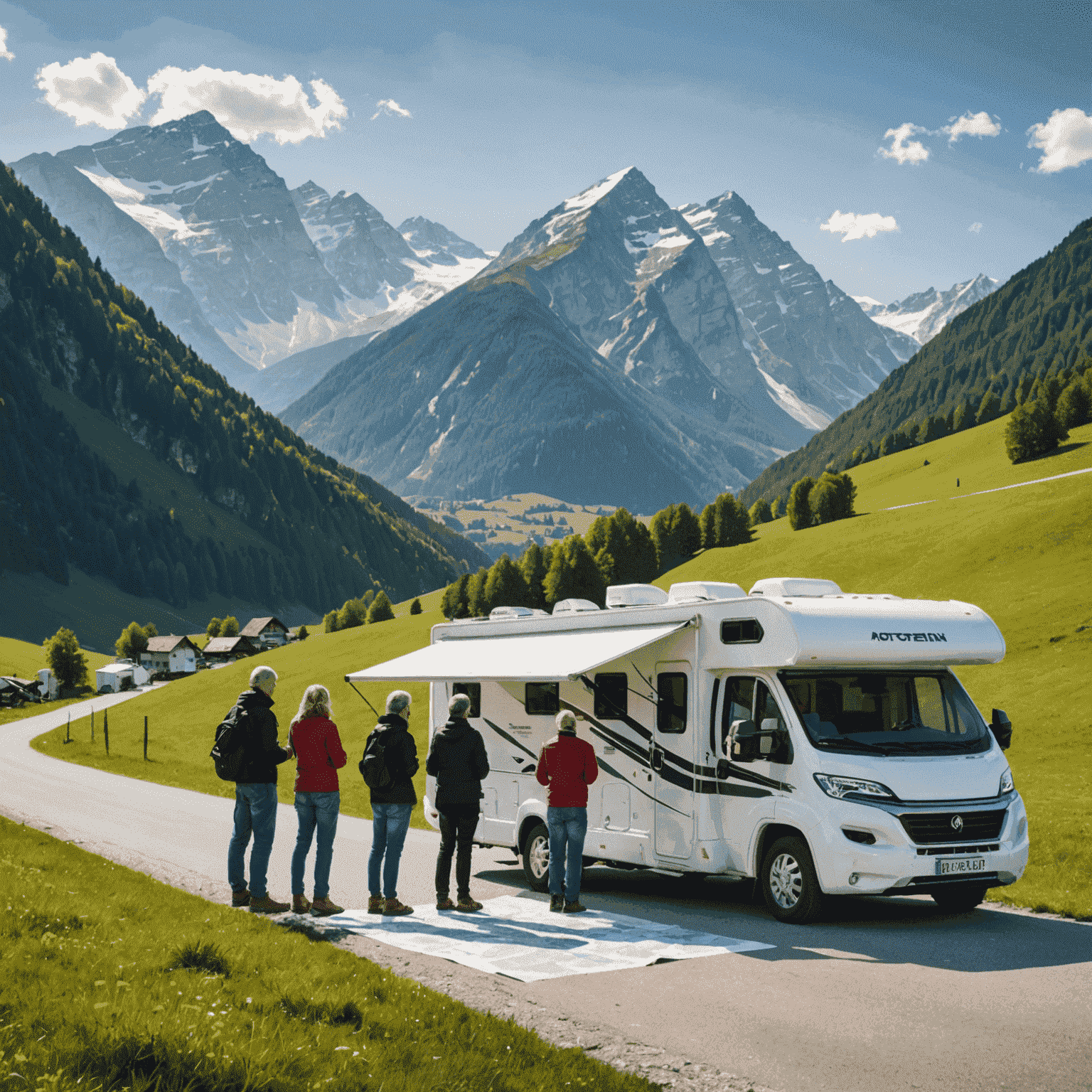 Eine Gruppe von Reisenden studiert eine Straßenkarte vor ihrem Wohnmobil, im Hintergrund eine österreichische Berglandschaft