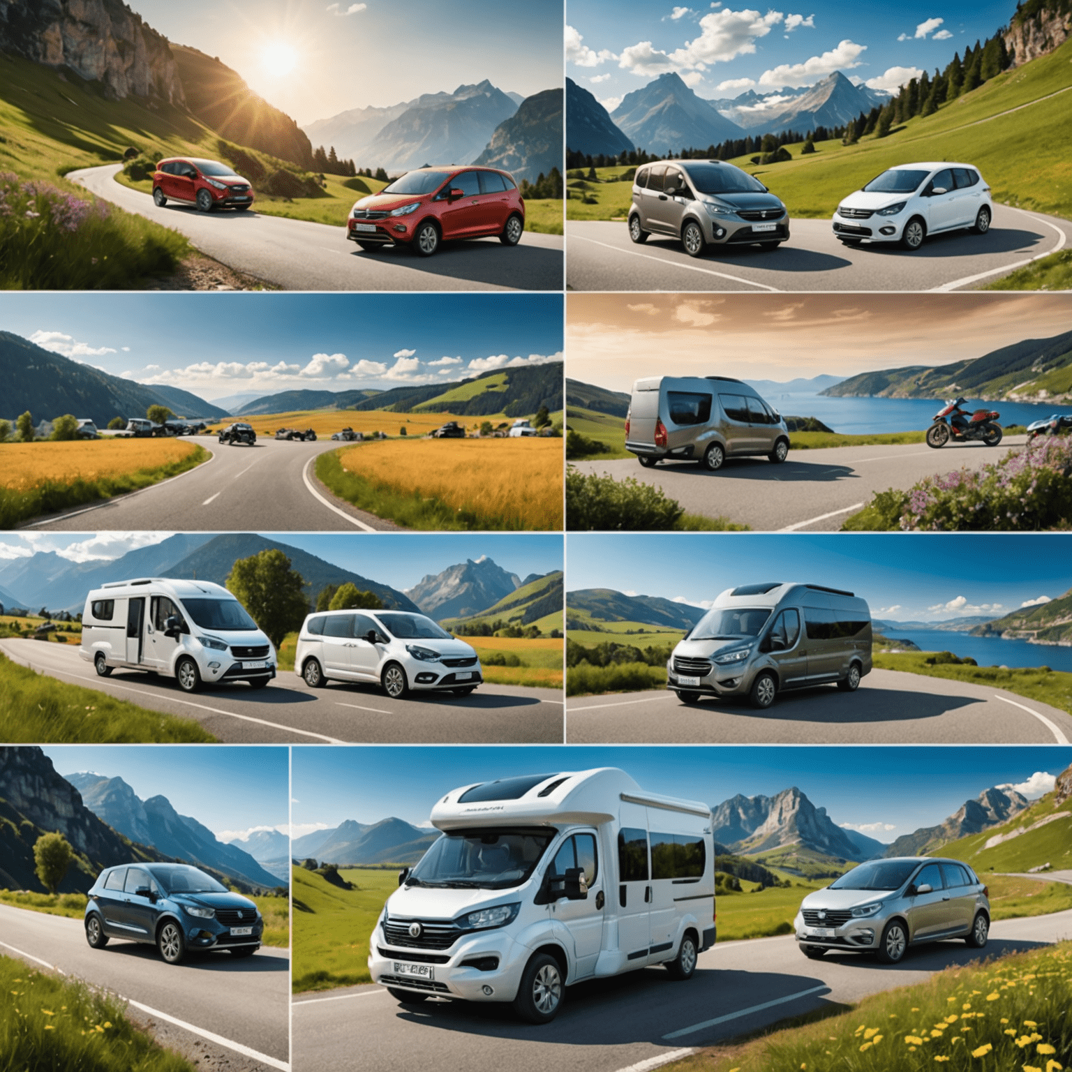 Eine Collage verschiedener Fahrzeugtypen: ein kompakter Stadtauto, ein geräumiges Wohnmobil und ein Tourenmotor, alle vor einer malerischen europäischen Landschaft.